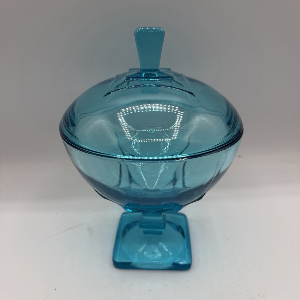 VTG Hazel Atlas Colony Square Base Capri Glass Blue Candy Compote Dish w/ Lid